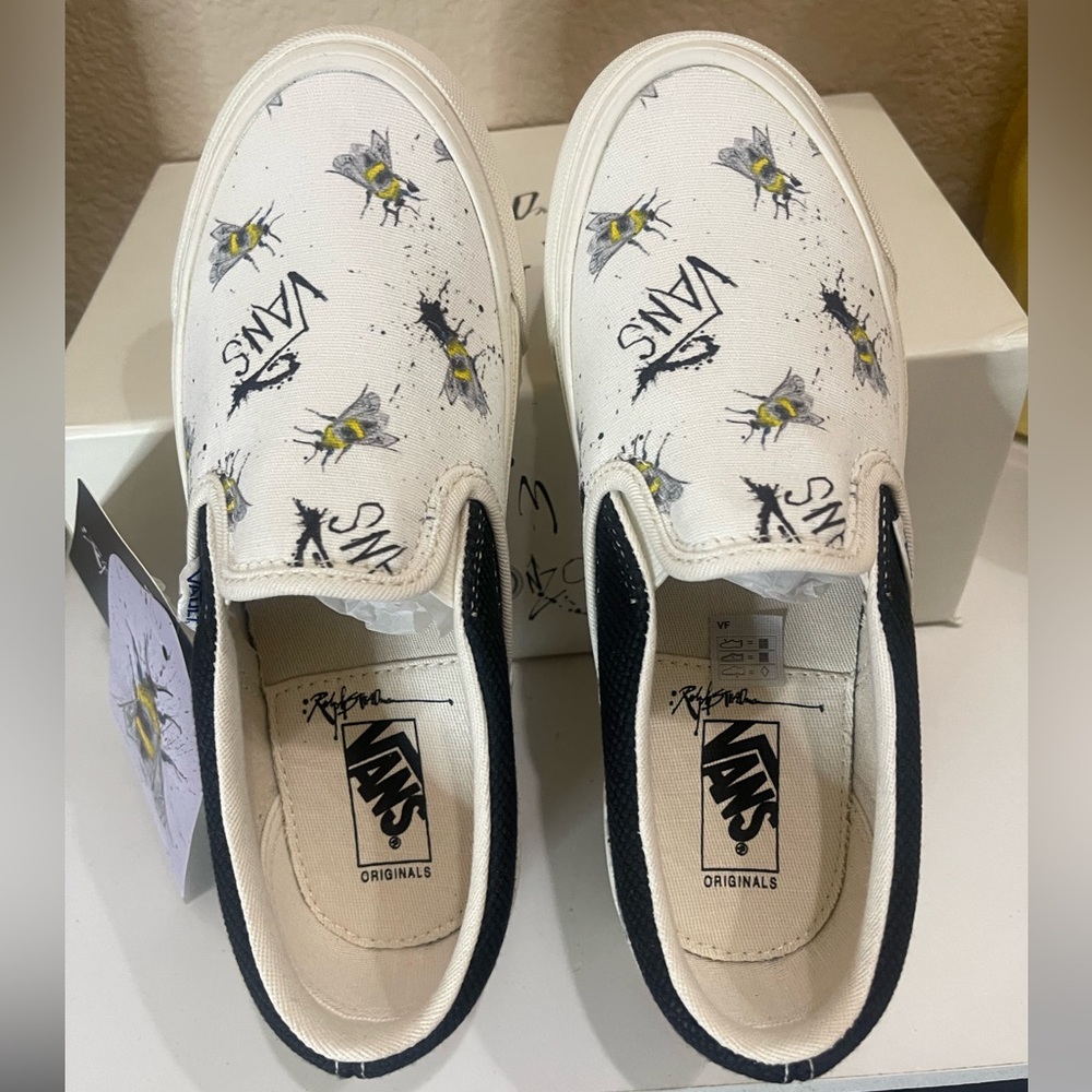 Vans Black and White Slip-On Shoes with Bee Design